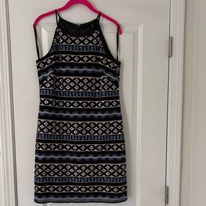 Black, White, & Blue Patterned Sleeveless Dress